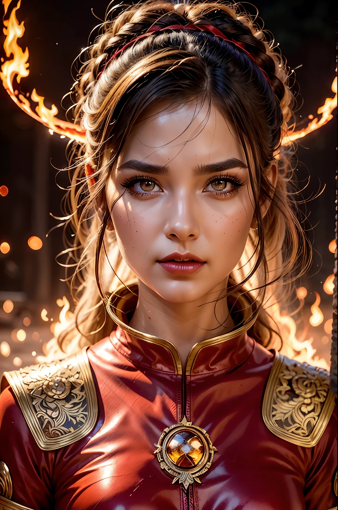 Incredible young woman fire master, extremely detailed face, beautiful detailed eyes and fire red lips with long eyelashes. Fire Tribe Short Costume, intense pose, ready to fight, photorealistic, cinematic lighting, 8K, fire blooms,fantasy art style, vibrant colors, trending on artstation