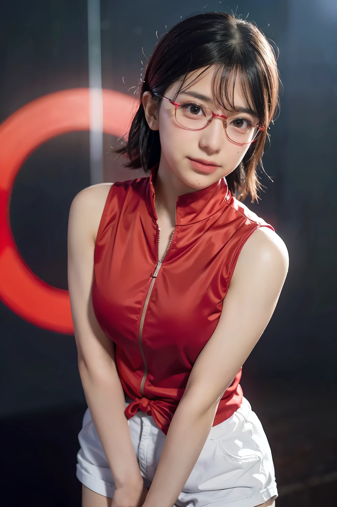 1girl, sarada uchiha in anime boruto, short hair, black hair, red eyes, smile, beautiful, sexy dress, sexy clothes, red clothes, wear red glasses, very big breast, realistic clothes, detail clothes, outdoor background, ultra detail, realistic photo :4K delicate facial features, 1 girl, Uchiha Sarada, anime character transformed into a realistic character, with detailed, beautiful and cute face, red filtered eyes, black hair, short hairstyle, bangs sweeping to the left, wearing a ninja head tie from konoha , expression
thin sweet smile, thin cheeks, sharp chin, red glasses, tentom shirt design, livis shorts, perfect model, large/medium breasts, free style, high resolution, detailed illustrations, very realistic background, white glowing skin, very detailed face perfect