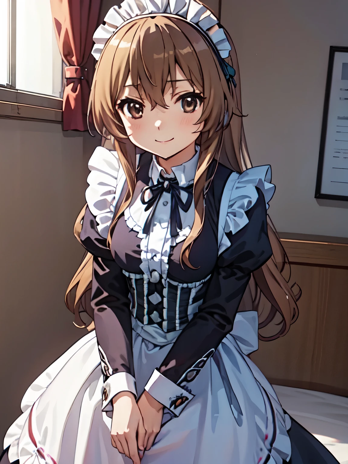 Best Quality、High resolution、(Anime illustration style),Aisaka Taiga、white collar、Small breasts、Small breasts、Wearing a maid outfit, Detailed painted face、smile、Brown Hair、Closed Mouth、Beautiful brown eyes, (Colorful 1.2), Great photos, Dramatic lighting, Absolute reference to the center、4Ｋ，8Ｋ,(Genuine、Genuine志向、写真Genuine志向:1.5）、High resolution、超High resolution、Ultra High Definition Painting、whole body、Long skirt、Cowboy Shot、Long skirt、(Victorian maid outfit:1.5)