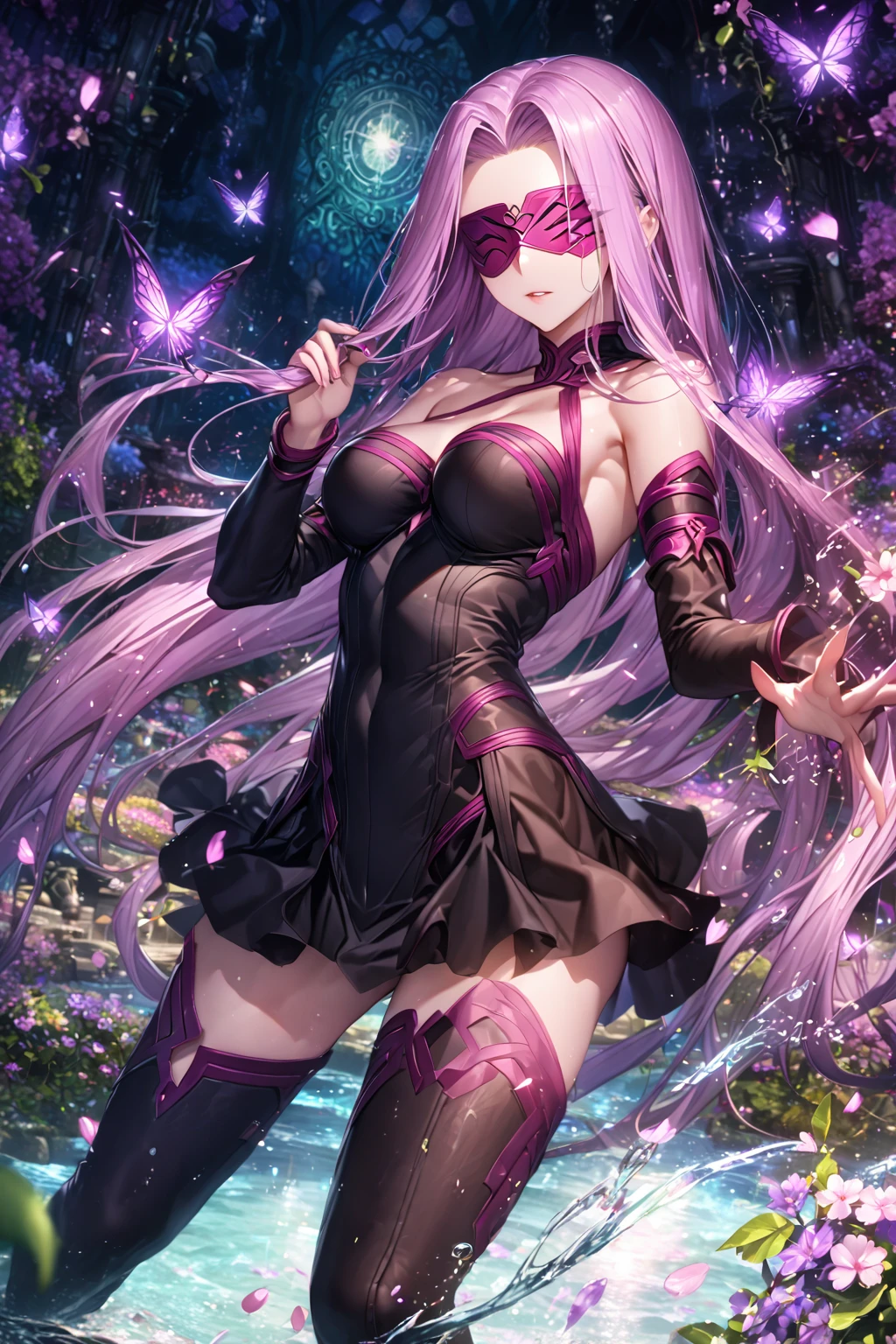 absurdres, highres, ultra detailed, HDR, master piece, best quality, extremely detailed, detailed eyes, detailed face, Rider, Medusa, light-purple hair, long hair, cherry red blindfold, Fate Grand Order, solo, woman, beautiful, shoker, detached sleeves, black leather clothes, water, glittering purple butterflies, garden, magic circle, green leaves, purple petals, purple flowers, fantasy, magical, purple cherry blossoms, powers, magic