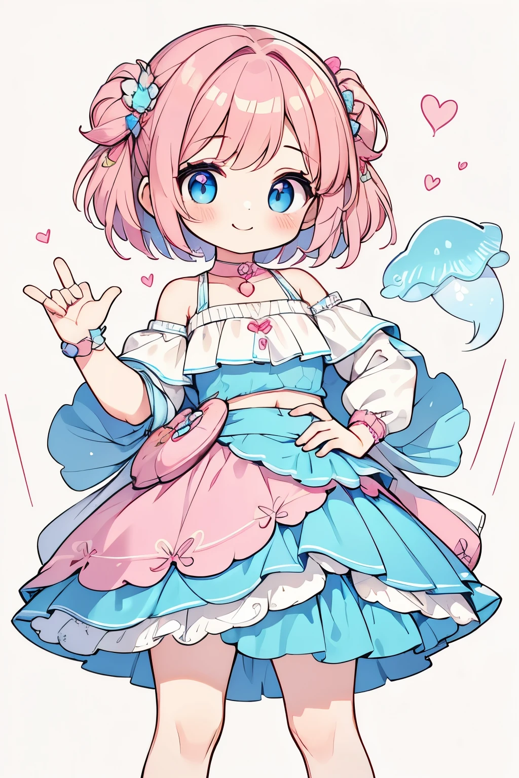 High resolution, masterpiece, Anatomically correct, Best Quality, One girl, smile、Blushing、Short Hair、Large, wide eyes、Pink Hair,Choker、Heart symbol、Simple Background、Shoulders stick out、I can see your belly button、Thighs、mini skirt、High heels、Blue attire、Jellyfish Cosplay