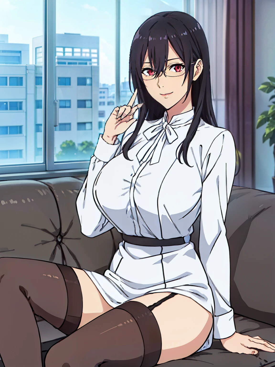 (sitting on sofa), spread her legs, White Shirt, neck ribbon, black short skirt, black stocking, black garter belt, at livingroom, window, night city view, Hanyuu mayuri, mature woman, anime cels style, best quality, high resolution, 1girl, (huge breasts:1.2), beautiful face, Beautiful Finger, Beautiful long legs, Beautiful body, Beautiful Nose,Beautiful character design, glasses, Red eyes, black hair, bangs, Long hair, (cowboy shot), smiling, looking at viewer