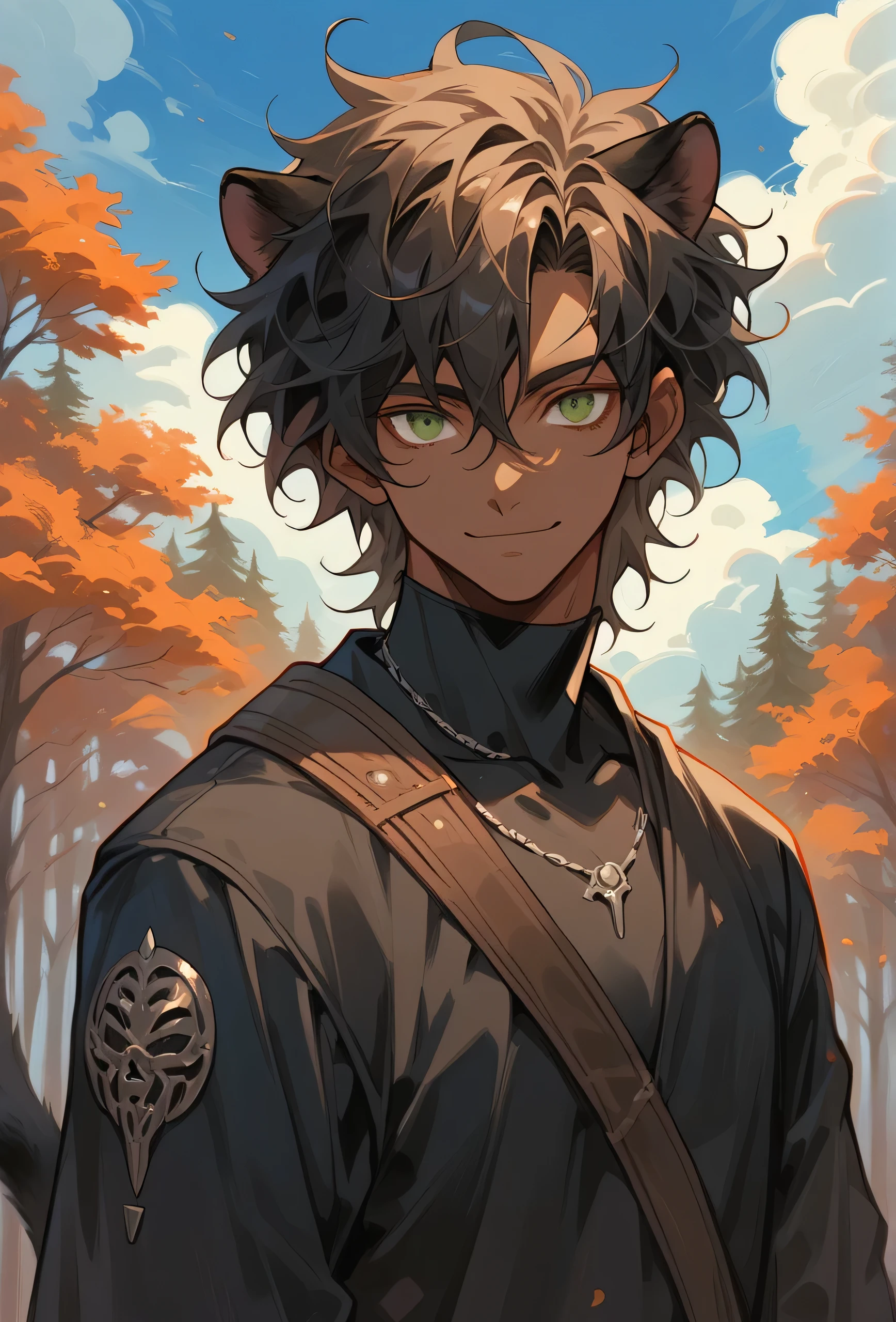 (Cowboy shot), ultra-high quality, very detailed, alone, 1 adult man, brown skin, dark panther ears and panther tail, messy hair, lengthy dark hair, head slightly tilted, extremely detailed eyes, green eyes, smiling slightly, in a dark shirt wearing steel pauldrons and gauntlets, forest in the background, autumn trees in the background, blue sky in the background, white clouds in the background, sunny atmosphere.