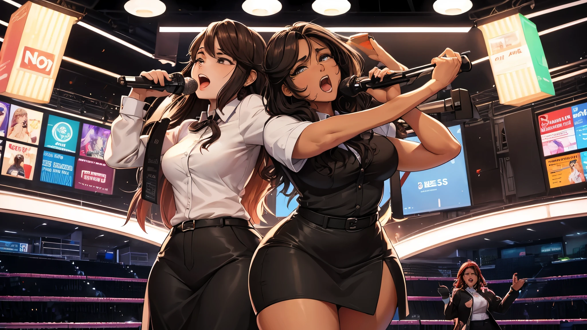 On the boxing ring, (Many viewers:1.3) , (A female presenter wearing a suit, holding a microphone on stage.:1.3) ,