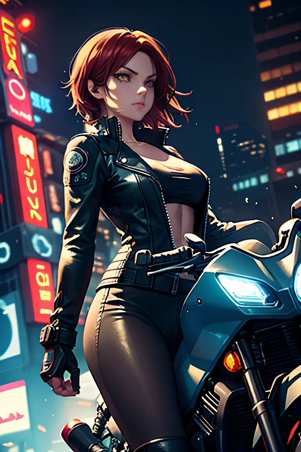 biker girl, motorcycle, Leather one-piece garment, Short hair, yellow glowing eyes, Dark colors, ultra detailed face, long eyelashes, skinny, Cyberpunk, Neon lights, Red hair, long boots, tightsuit, Night, the city street, mitts, rain