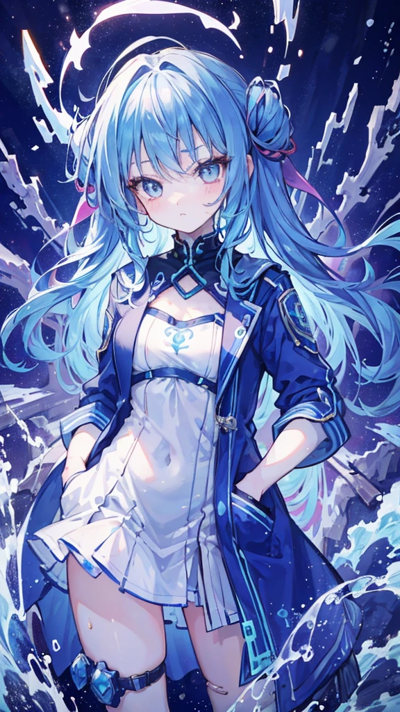 blue hairs,Half-length statue of a girl,k hd,4K,face expressionless,style of anime,sideface,white backgrounid,