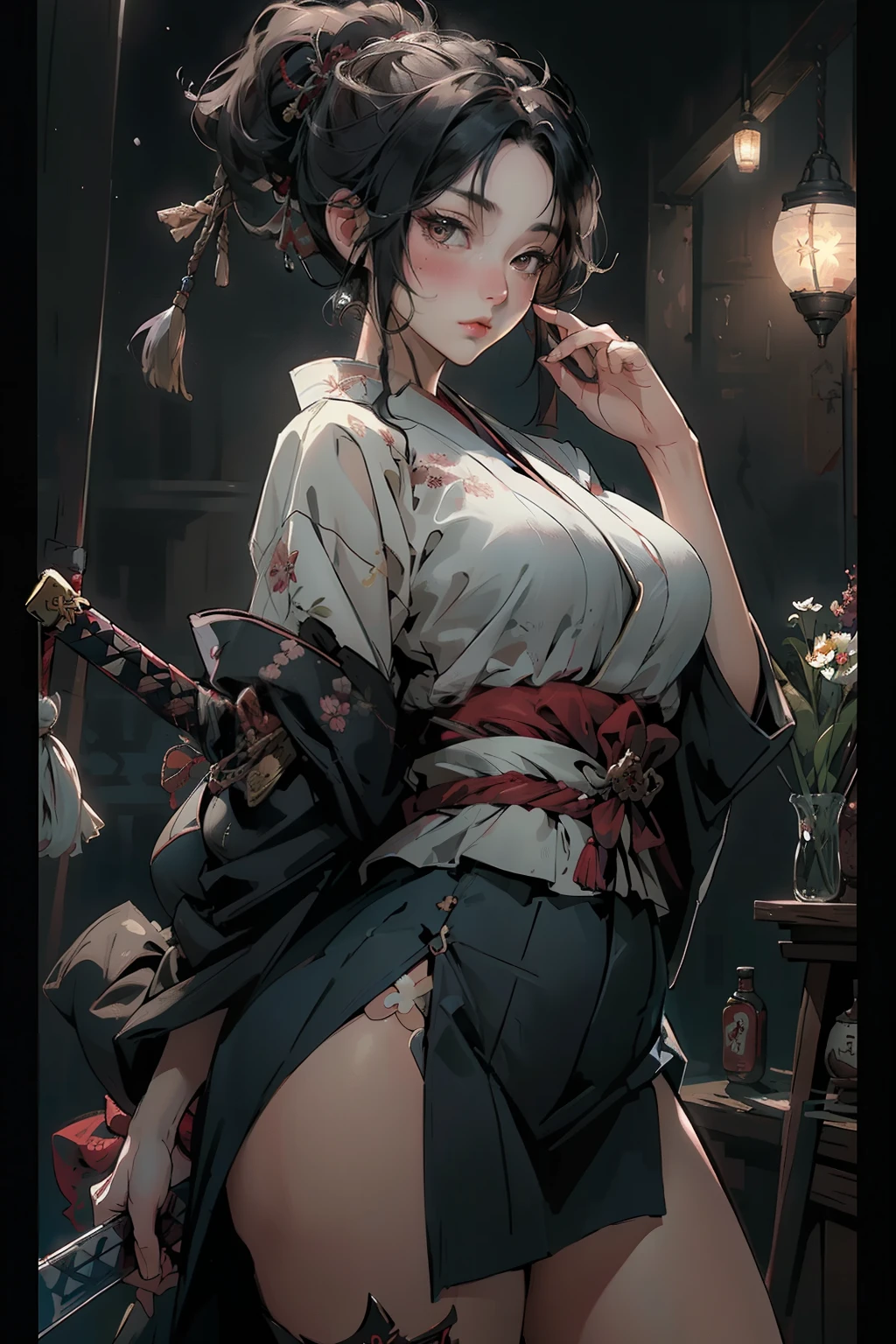 Umalinda warrior sexy, pretty face, Delicious Company, Alluring figure, Wearing a sexy open kimono. The artwork is created in a medium reminiscent of Japanese ink paintings....., 具有大胆的笔触和Monochromatic color palette. artist'Masterful technique reveals the intensity and power of the image'sense of presence,with the highest quality, Perfectly capture every detail with ultra-high resolution. Textures and intricate patterns on kimonos are rendered with extreme precision. Lighting is carefully designed,Enhance drama, Features deep shadows and subtle highlights. General, The artwork exudes elegance and power, Combining traditional Japanese aesthetics with a modern feel. Monochromatic color palette, Combine details, Create captivating and immersive experiences for your audience.