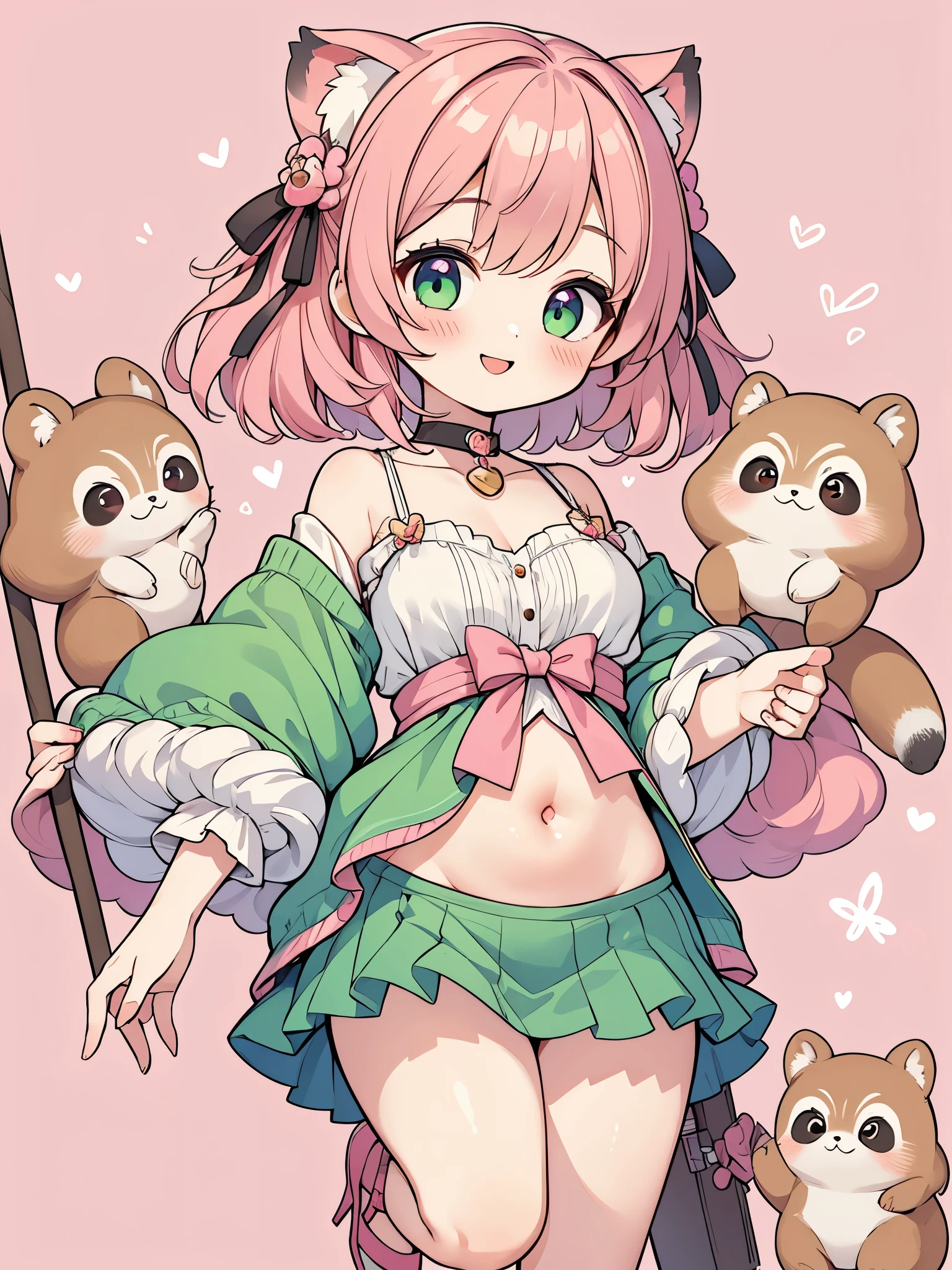 High resolution, masterpiece, Anatomically correct, Best Quality, One girl, smile、Blushing、Short Hair、Large, wide eyes、Pink Hair,Choker、Heart symbol、Simple Background、Shoulders stick out、I can see your belly button、Thighs、mini skirt、High heels、Green clothing、Tanuki Cosplay