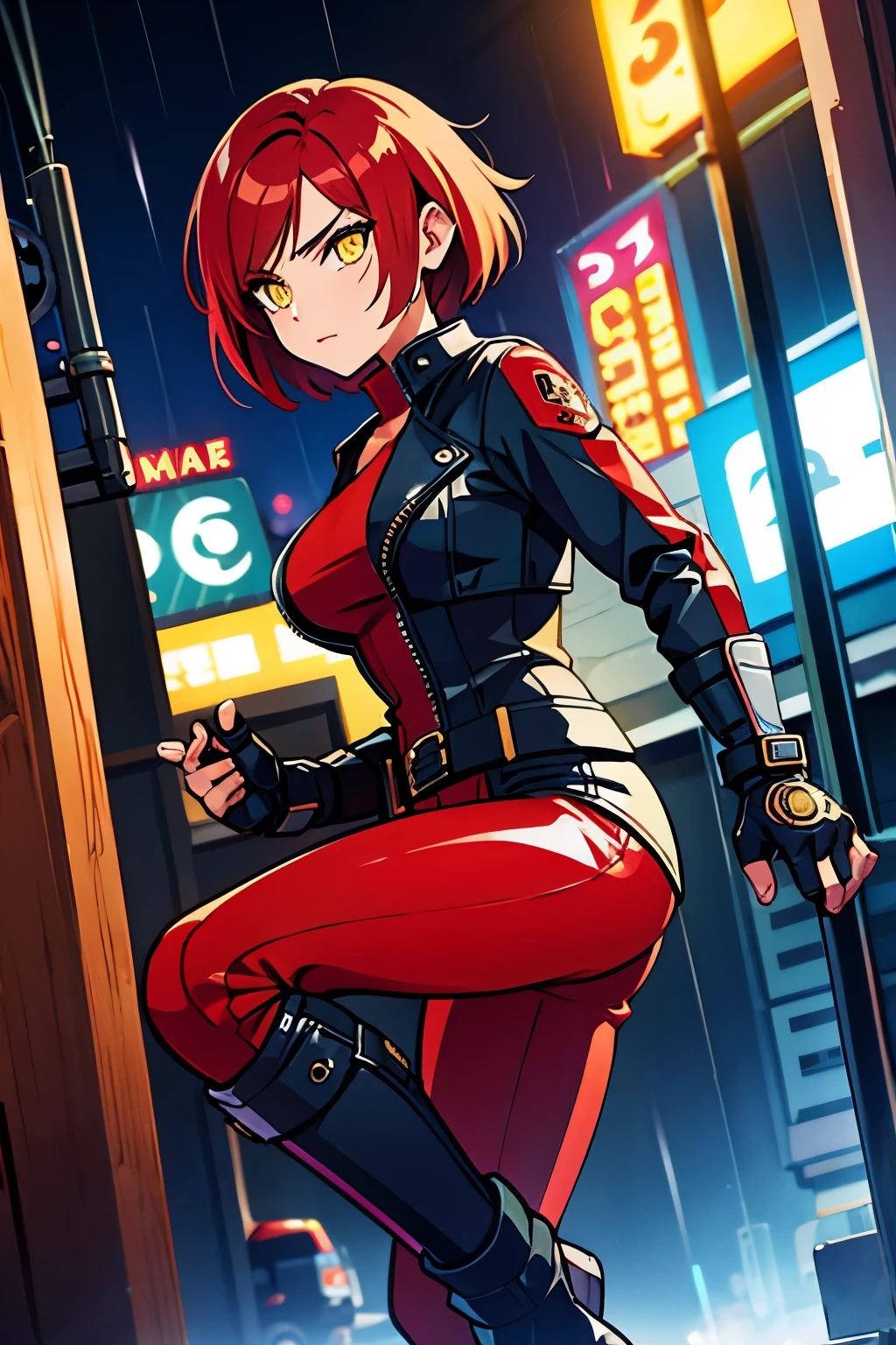 biker girl, motorcycle, Leather one-piece garment, Short hair, yellow glowing eyes, Dark colors, ultra detailed face, long eyelashes, skinny, Cyberpunk, Neon lights, Red hair, long boots, tightsuit, Night, the city street, mitts, rain