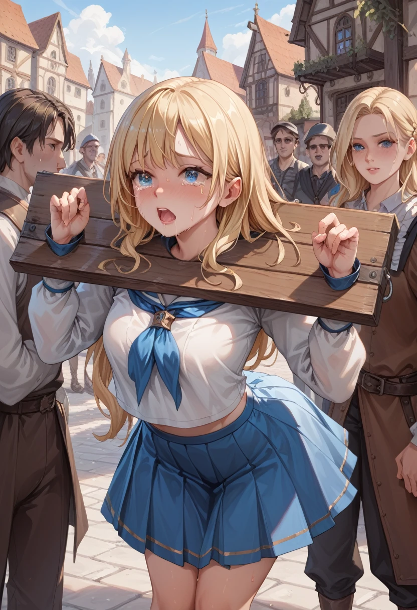 Beautiful long blonde　Girl in sailor suit　mini skirt　Pleated skirt　Long sleeve　((Teary-eyed))　despair　　((sweat))　jia　pillory　Leaning forward　Medieval city center　crowd