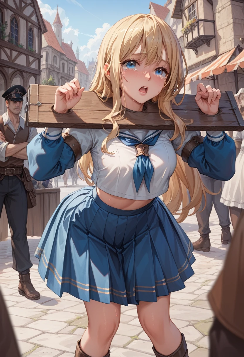 Beautiful long blonde　Girl in sailor suit　mini skirt　Pleated skirt　Long sleeve　((Teary-eyed))　despair　　((sweat))　jia　pillory　Leaning forward　Medieval city center　crowd