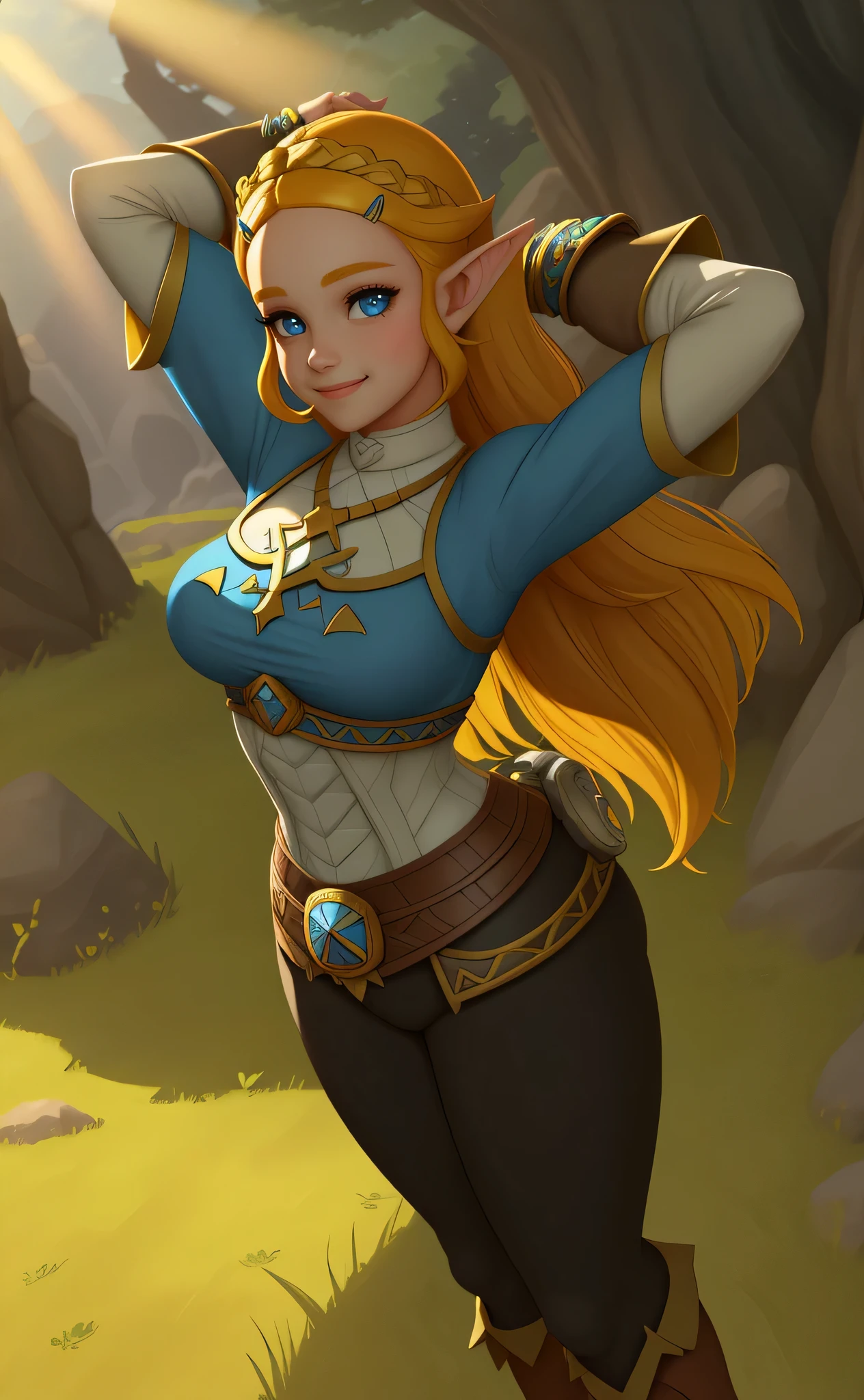 [princess zelda], [botw style], ((masterpiece)), ((HD)), ((high res)), ((detailed shading)), ((cute cartoon asthetic)), ((solo portrait)), ((front view)), ((cell shading)), {(attractive figure), (yellow braded hair), (pointed elf ears), (cute blue eyes), (curvy hips), (beautiful legs), (cute smile)}, {(breath of the wild outfit), (tight pants)}, {(standing), (arms above head), (looking ahead)}, [ambient lighting, grass plains, sun rays]