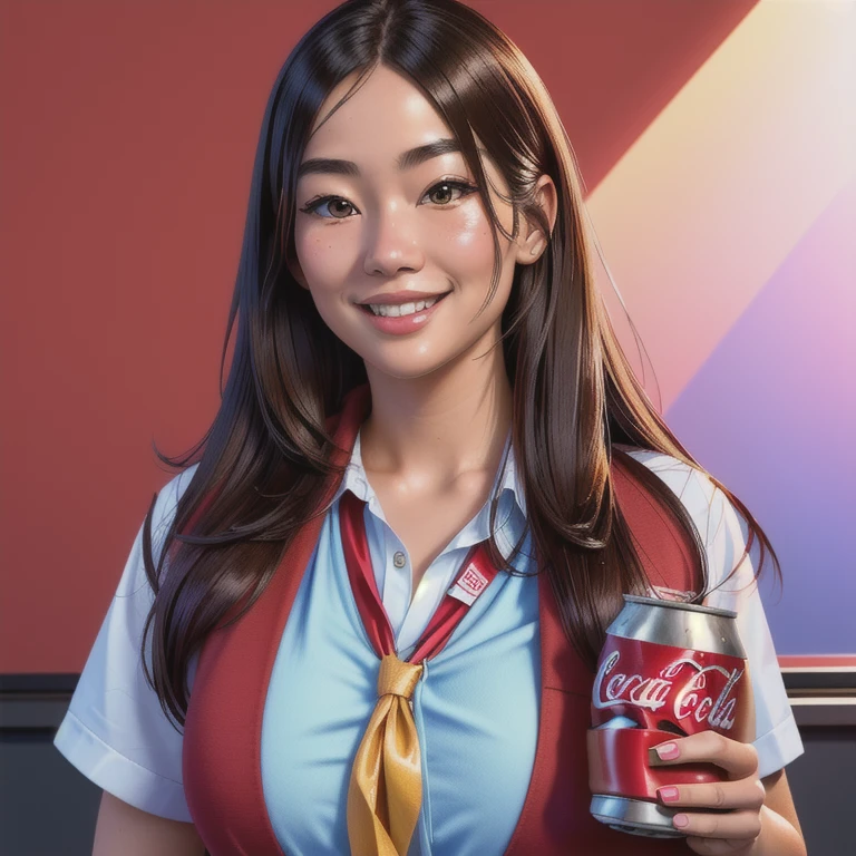 a smiling japanese schoolgirl holding a can of coca-cola in one hand and a juicy hamburger in the other, eager to eat, detailed facial features, beautiful glossy hair, school uniform, bright colors, soft lighting, photorealistic, highres, 8k, (best quality:1.2), (realistic:1.37), (detailed:1.4), vibrant colors, warm lighting