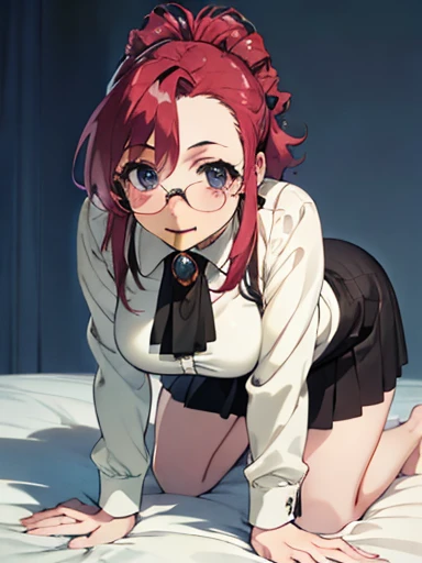 pink hair, heart ahoge, maid headdress, bespectacled, half-closed eyes, shy, blush, ear blush, full blush, tachi-e, pov, lens flare, Eye-Level Shot, Sony FE GM, chiaroscuro, cinematic lighting, drop shadow, stereogram, anime style, UHD, masterpiece, textured skin, anatomically correct, high quality, high details, highres, 16k，，An anime girl，lying on the bed，spreading legs，Cover her cheeks with her own hands