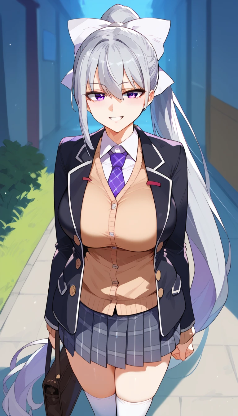 score_9, score_8_up, score_7_up, hk1, purple eyes, grey hair, hair between eyes, long hair, very long hair, ponytail, mole, mole under eye, bow, white bow、Big Breasts、
shirt, white shirt, necktie</input></xml>, purple necktie</input></xml>, Cardigan, brown Cardigan, jacket, black jacket, blazer, skirt, grey skirt, plaid skirt, socks, white socks, loafers, black footwear, smile