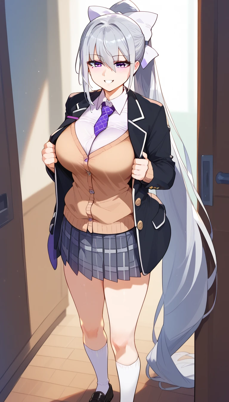 score_9, score_8_up, score_7_up, hk1, purple eyes, grey hair, hair between eyes, long hair, very long hair, ponytail, mole, mole under eye, bow, white bow、Big Breasts、
shirt, white shirt, necktie</input></xml>, purple necktie</input></xml>, Cardigan, brown Cardigan, jacket, black jacket, blazer, skirt, grey skirt, plaid skirt, socks, white socks, loafers, black footwear, smile