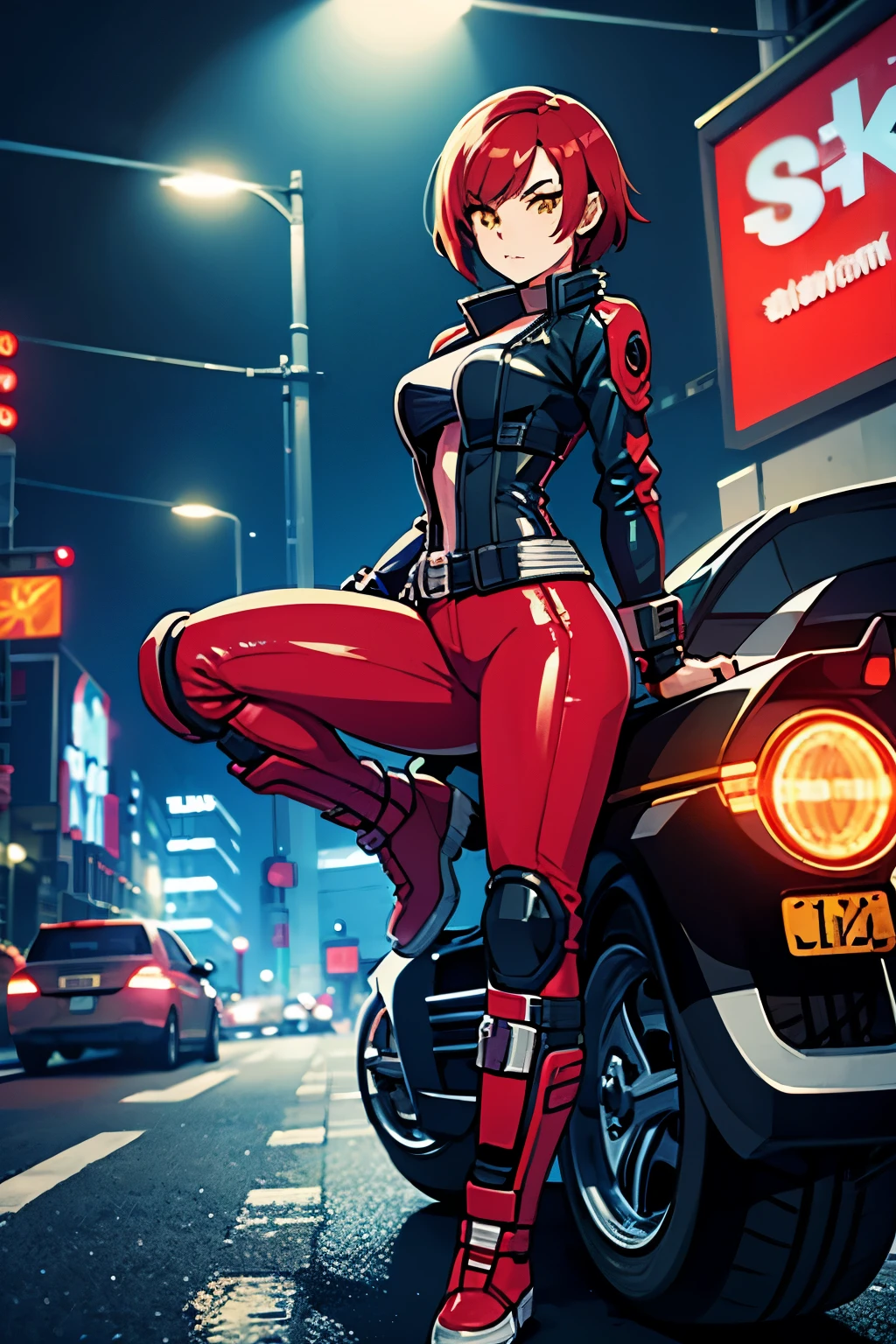 biker girl, motorcycle, Leather one-piece garment, Short hair, yellow glowing eyes, Dark colors, ultra detailed face, long eyelashes, skinny, Cyberpunk, Neon lights, Red hair, long boots, tightsuit, Night, the city street, mitts, rain