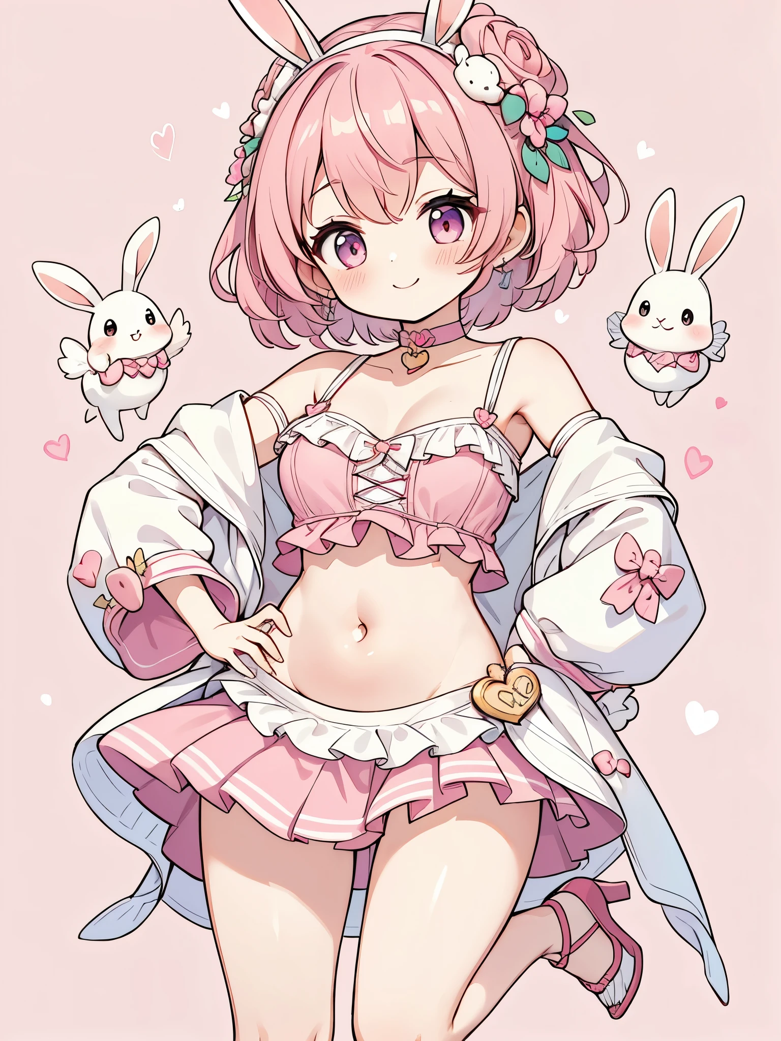 High resolution, masterpiece, Anatomically correct, Best Quality, One girl, smile、Blushing、Short Hair、Large, wide eyes、Pink Hair,Choker、Heart symbol、Simple Background、Shoulders stick out、I can see your belly button、Thighs、mini skirt、High heels、Rabbit Cosplay、Pink outfit