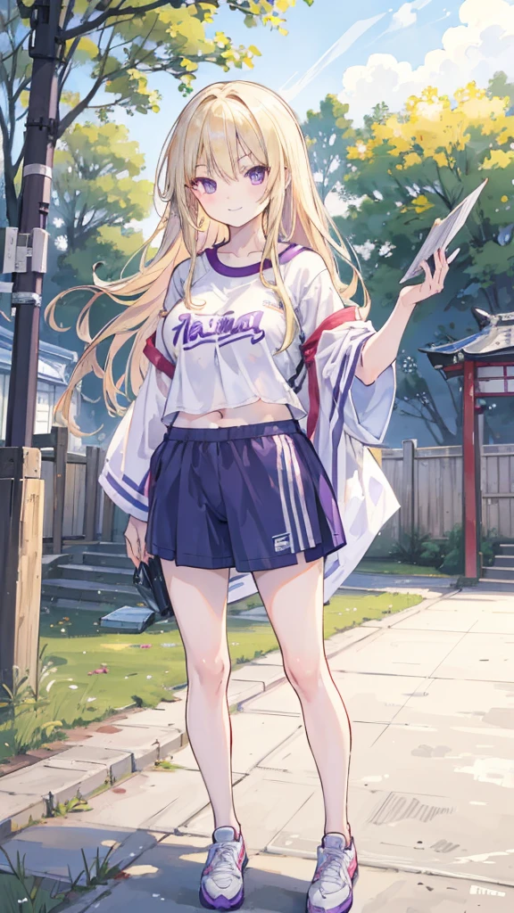 masterpiece, highest quality, One girl, alone, Teen, quarter japanese, Blonde, Long Hair, Purple eyes, Side-parted bangs, Short bangs, smile, Medium chest, Play sports often, Bloomers, Outdoor, Athletics, Conceit