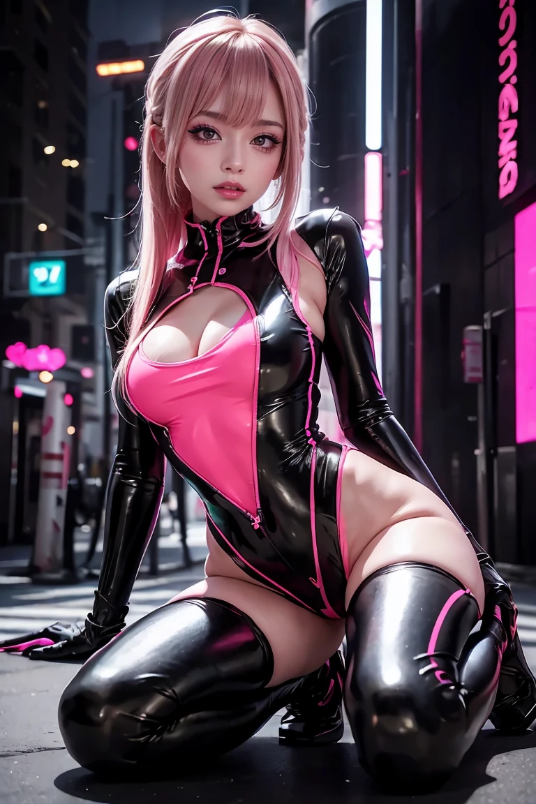 nsfw、From below、(Neon pink and black futuristic bodysuit、Quite high leg:1.2、Very open chest:1.2、Wide open crotch:1.2、)、Sit with your knees bent、Don&#39;t cover your lower body、The lower half is completely visible、Pink Bunny Hairband、Very very cute face、The best smile、Voluptuous body、Mecozi、Camel Toe、((Best Quality,8k、masterpiece:1.3))、Crisp focus:1.2、Pretty woman with perfect figure:1.4、Young Face、I can see the double tooth、Blonde medium bob hair、Slender、Abdominal muscles:1.2、Oil-based glowing skin、Highly detailed face and skin textures、Detailed eyes、Double eyelids、Blurred neon lights、
