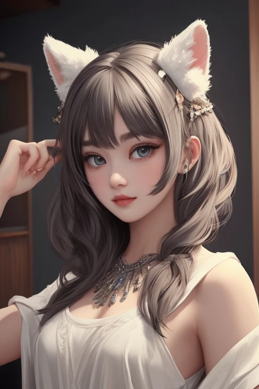 long hair, hair spread out, forehead mark, head wreath, flower on head, snowflake hair ornament, mismatched pupils, animal ears, anime, high detail, 16k, highres, best quality, high details --auto