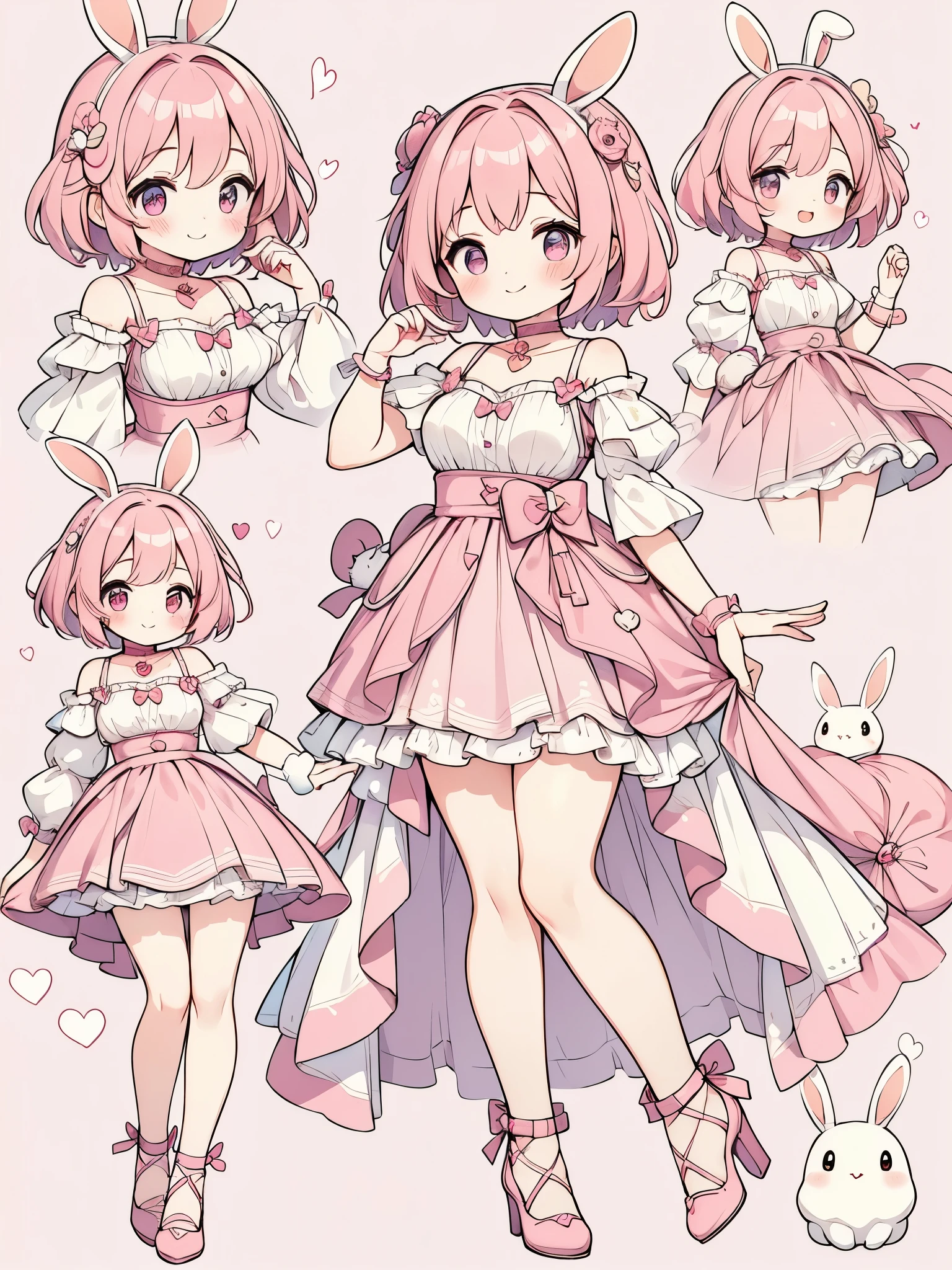 High resolution, masterpiece, Anatomically correct, Best Quality, One girl, smile、Blushing、Short Hair、Large, wide eyes、Pink Hair,Choker、Heart symbol、Simple Background、Shoulders stick out、I can see your belly button、Thighs、mini skirt、High heels、Pink outfit、Rabbit Cosplay