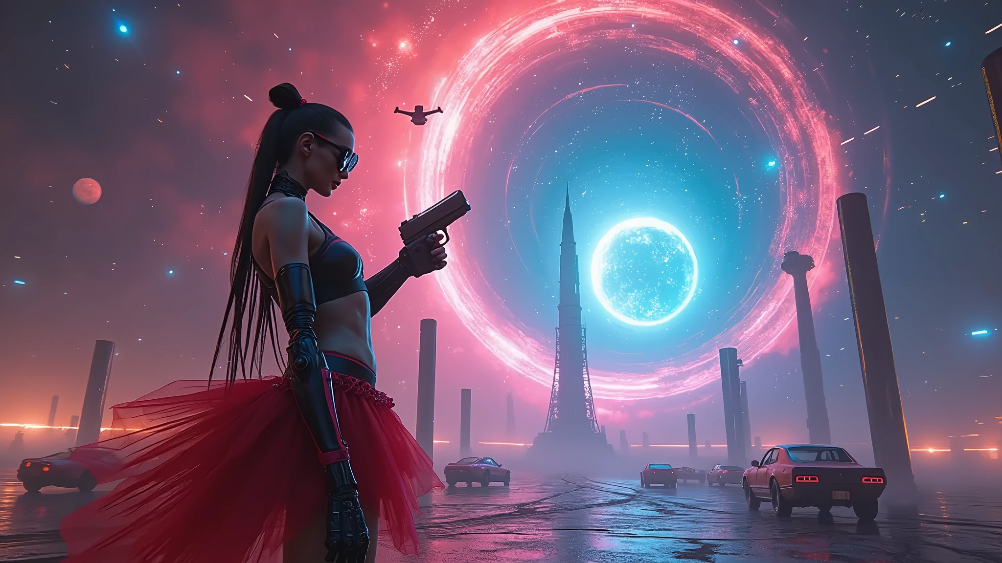 (((a large-breast bikini slim GIRL with black micro sunglasses))), (((aiming at viewer with a pistol))), a balcony of a futuristic building, aerial view of an ultra-futuristic megalopolis, many metal buildings and houses in dark colors from dark blue to black, a cidade tem tons de cinza metal, has smoky metal structures , industrial environment with smoke and fog around, carros escuros nas ruas, desert megalopolis, trilhos e trens modernos de de metal passando estre as ruas da cidade, tall futuristic metal buildings, many ultra modern buildings around, (((an Egypt sphinx statue on the top of building))), realistic, detailed, sci-fi.

