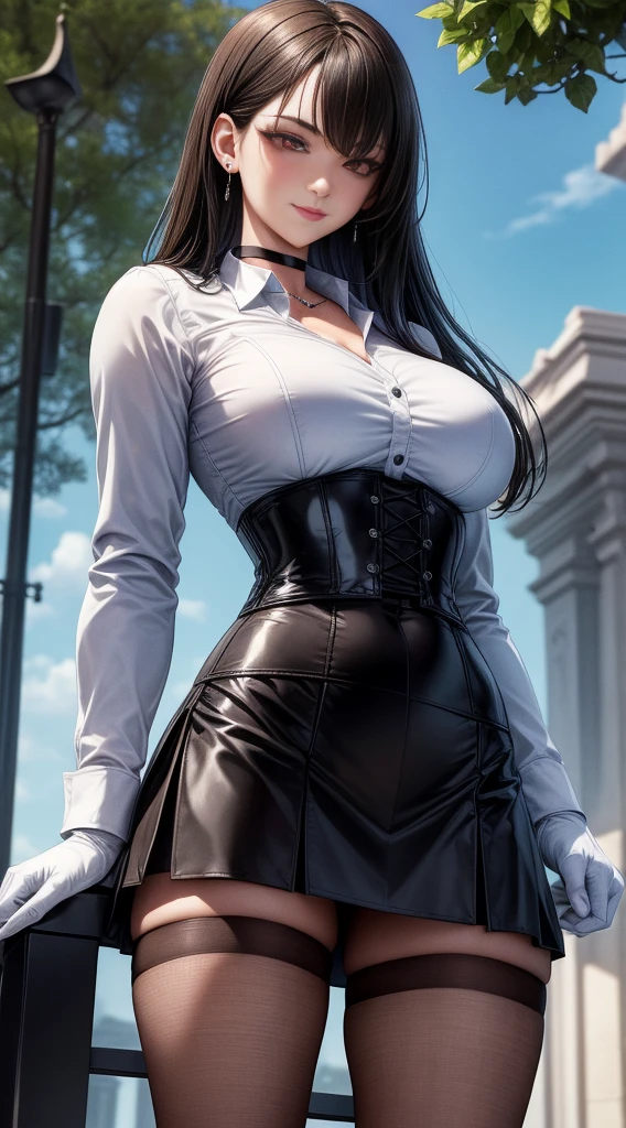 8K, highres, Ultra detailed, (Masterpiece:1.4), The best quality, symmetrical body, standing, pose sexy, front view, choker:1.6, (White collar button-down shirt with white long sleeves), Black gloves, gloves that cover the hands, (black leather corset),  (short black skirt:1.4), (brown stockings), Alone, Earrings, long hair, black hair, perfect eyes,  red eyes, Shine effect, detailed eyes, draw slight smile, detailed face, looking at the viewer smiling at the viewer, in the park, angled view, big breasts, seductive look