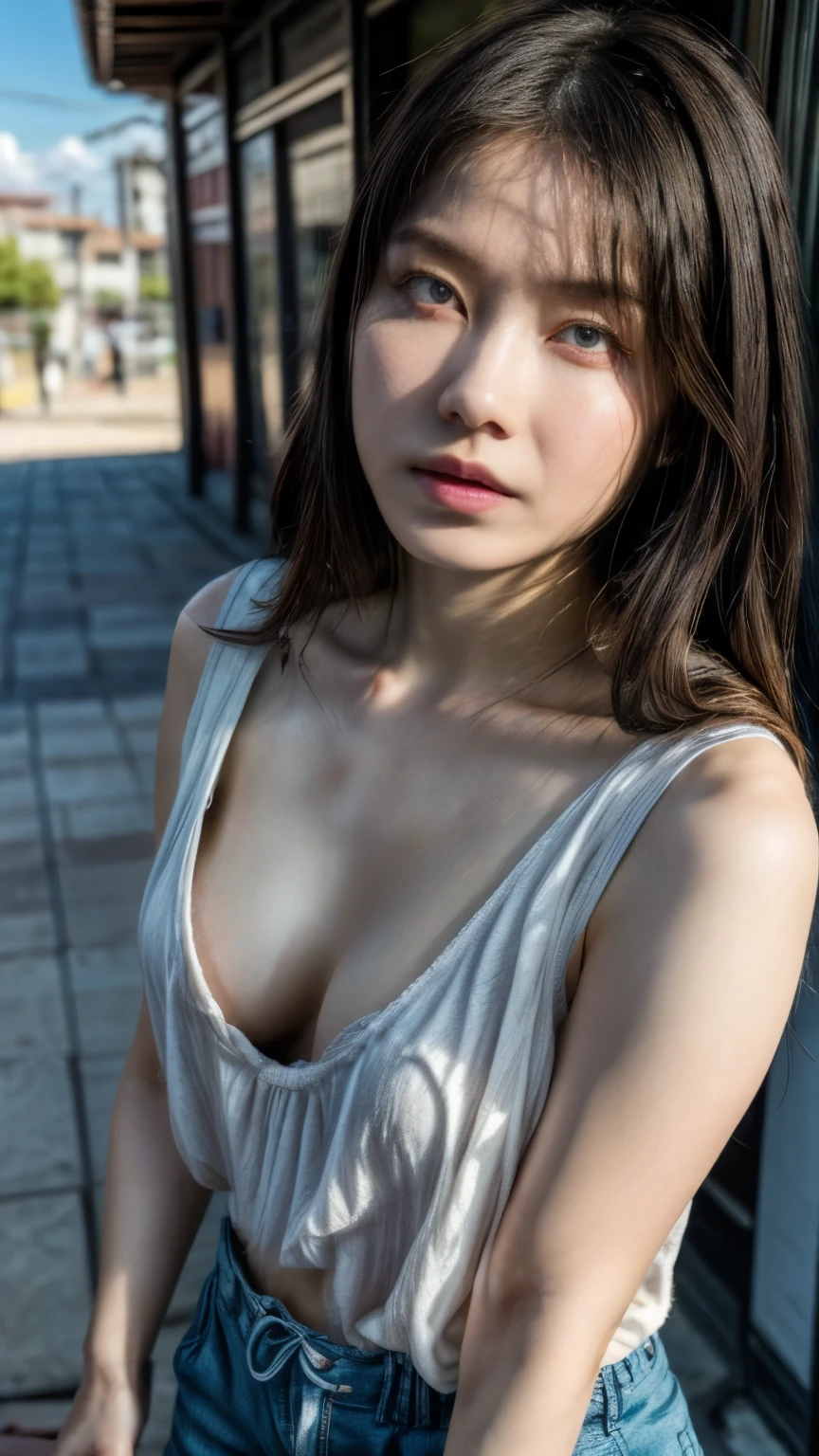 (realistic, photo-realistic:1.37), (masterpiece, best quality), high resolution, intricate details, extremely detailed, cinematic lighting, gravure photography, portrait, a 31yo Japanese young woman, super beautiful girl, (loose blouse, downblouse, braless, shorts), (standing with leaning forward), (small breasts), dark hair, pale skin, (detailed face, detailed eyes, symmetrical eyes, beautiful dark pupils, sophisticated nose),
open mouth, tired face, suffering face, frowning, 
photo background, outdoors, urban scape, daytime, sunny, blue sky and clouds,