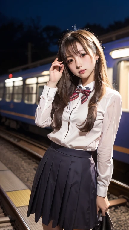 realistic, High resolution, soft light,1 female, alone, waist rises high, (detailed face),(Female student)((A girl standing in front of a train seat)),(Rear view)、(look back)、colorful hair、shortcut,wear、(White blazer emblem on chest)、(white blouse)(red bow tie)(check skirt),long hair、(ponytail)、((Panty shot))、(I can see your pants)、
