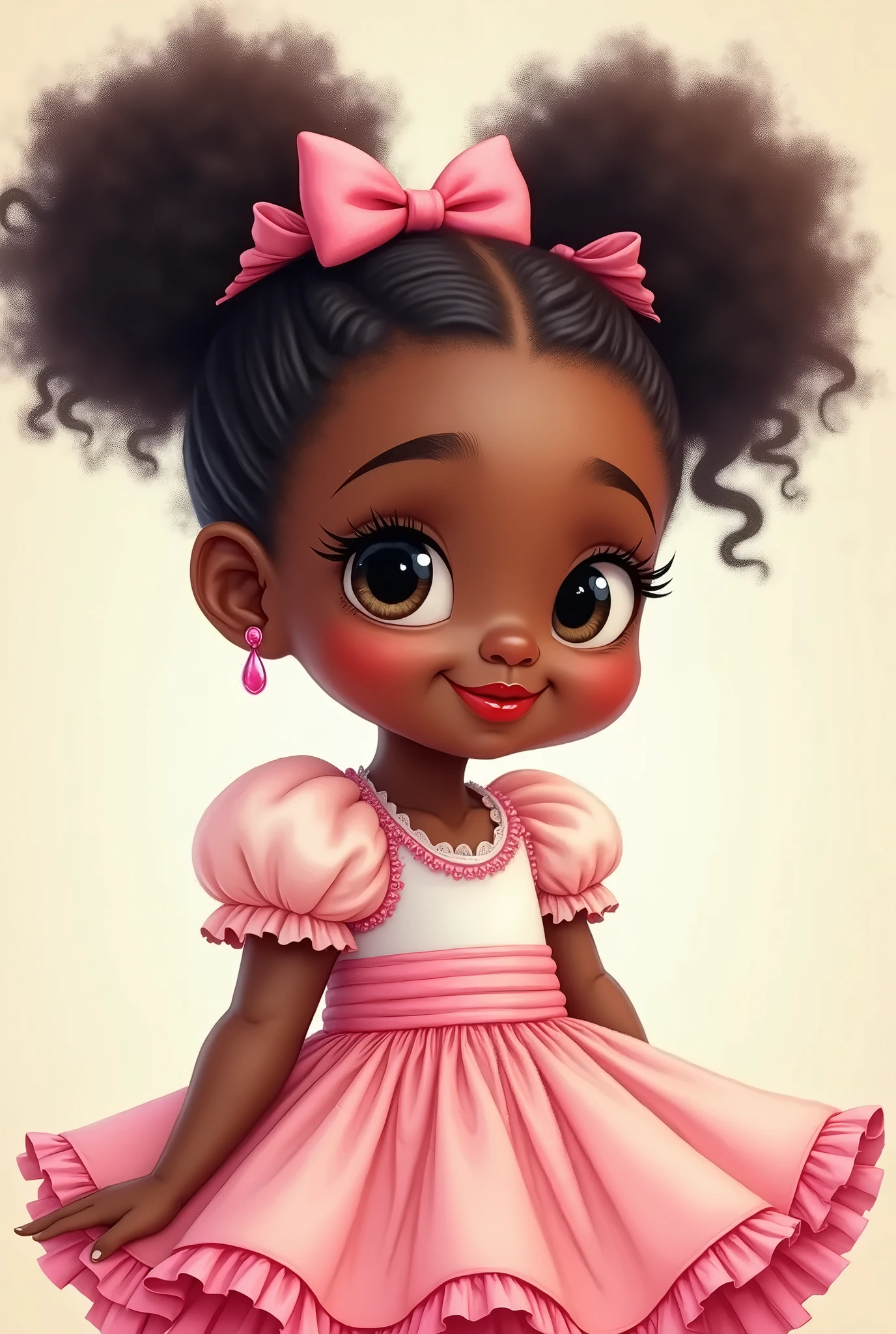  black , with curly pigtail hair with a pink bow and a pink and white dress with fluffy sleeves and a flare.