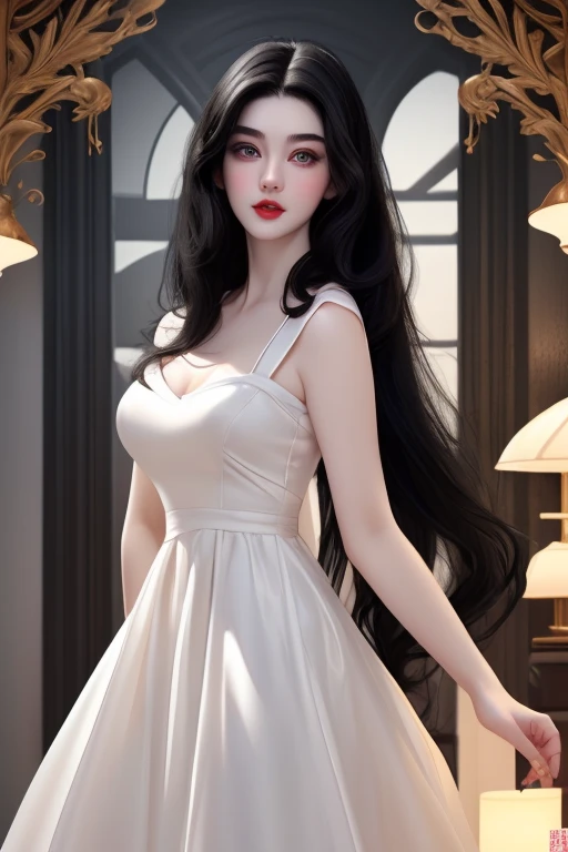 Woman, electric blue eyes, light red lips, wedding, black hair, long fully wavy hair, long white dress, full body,