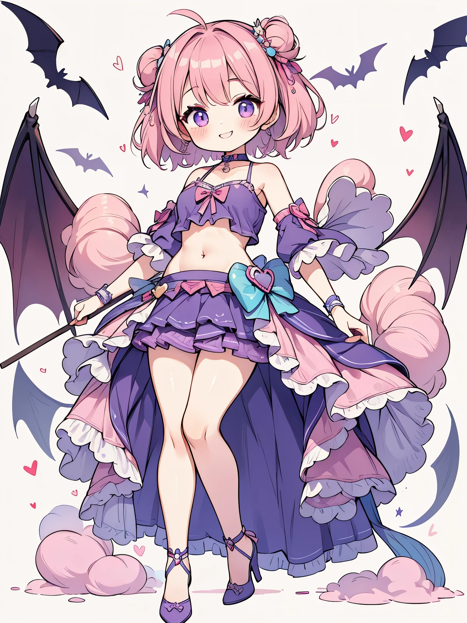 High resolution, masterpiece, Anatomically correct, Best Quality, One girl, smile、Blushing、Short Hair、Large, wide eyes、Pink Hair,Choker、Heart symbol、Simple Background、Shoulders stick out、I can see your belly button、Thighs、mini skirt、High heels、Purple attire、Bat Cosplay