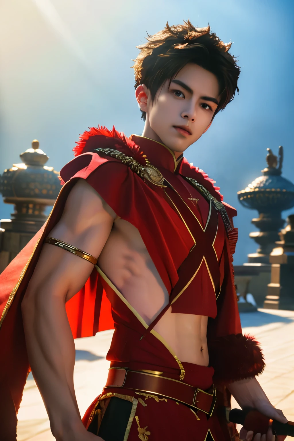 alexanderfgo, 1boy, masterpiece, realistic, absurdres, RAW photo, best quality, high resolution, chinese boy, male model, very very handsome, perfect face, cute face, intricate detail, clear and beautiful detailed eyes, fur-trimmed cape, crop top, young, muscular, slim muscular, handsome muscle, abs, detailed skin, male focus, fighting, Correct anatomy, looking at camera, battlefield, detailed highlights and shadows, Cinematic Lighting, soft light, full-body shot, front view, Professional photography, exquisite detailing, 8K UHD,