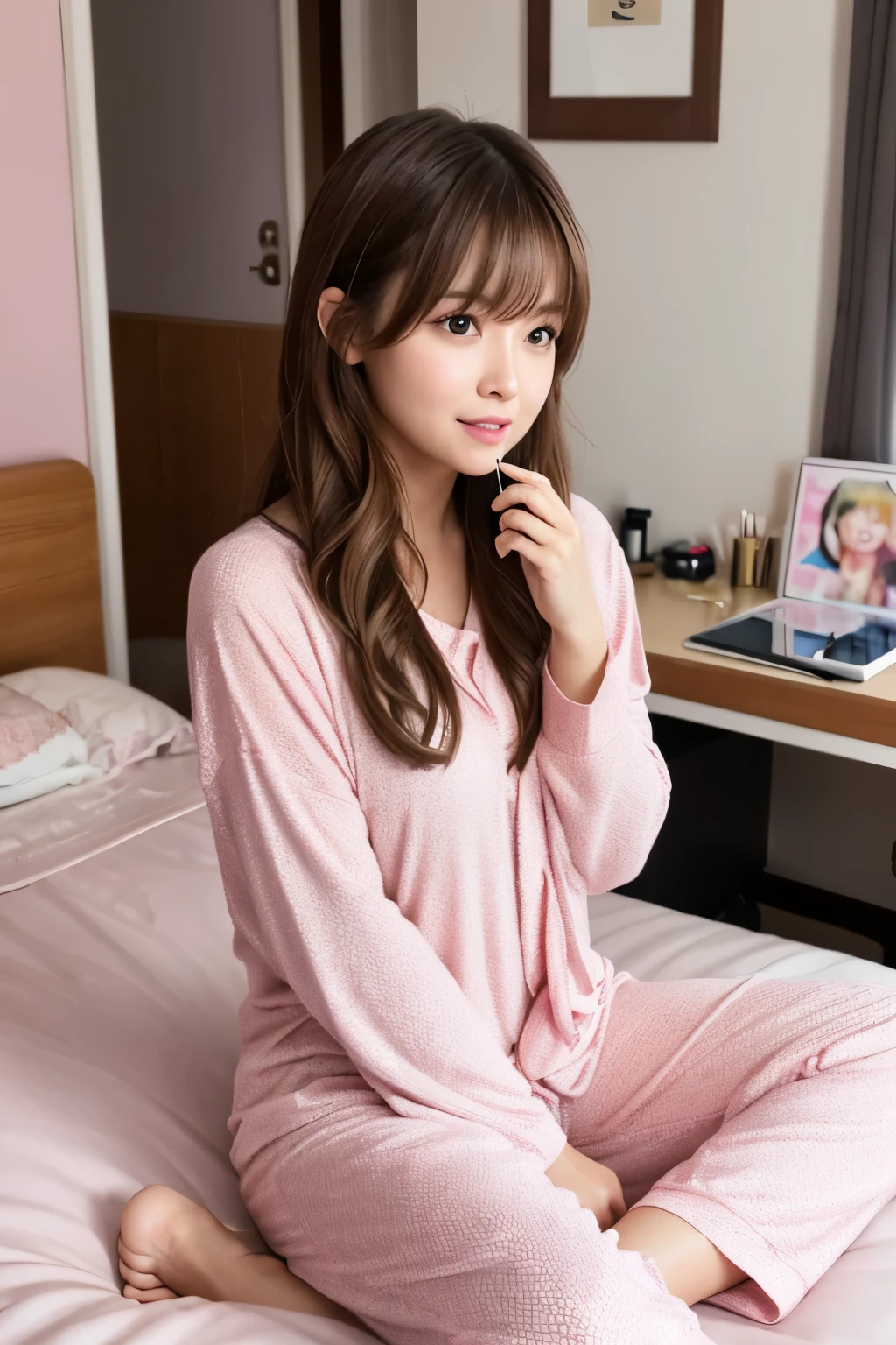 Cute female college student wearing pink pajamas