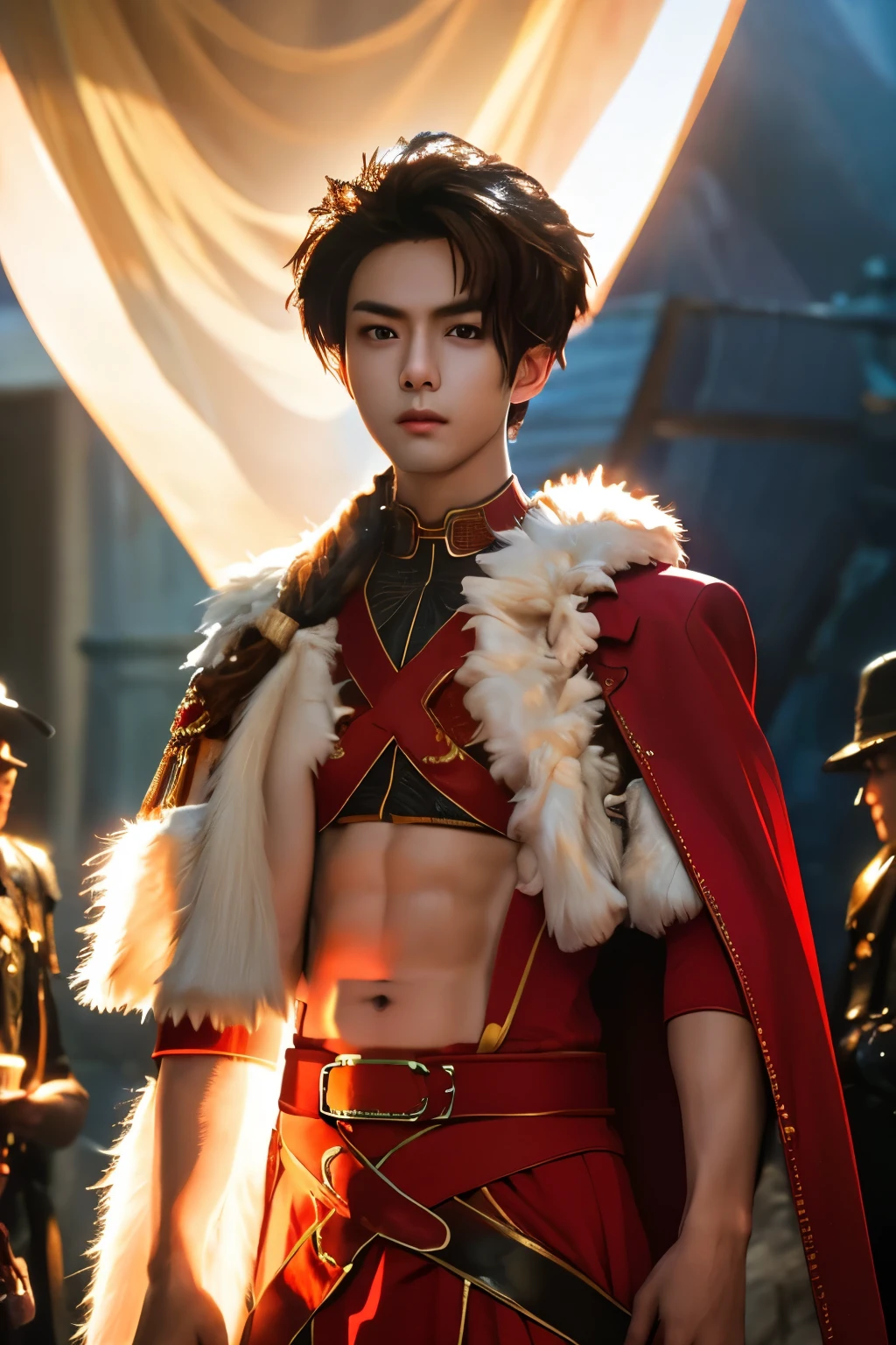 alexanderfgo, 1boy, masterpiece, realistic, absurdres, RAW photo, best quality, high resolution, chinese boy, male model, very very handsome, perfect face, cute face, intricate detail, clear and beautiful detailed eyes, fur-trimmed cape, crop top, young, muscular, slim muscular, handsome muscle, abs, detailed skin, male focus, fighting, Correct anatomy, looking at camera, battlefield, detailed highlights and shadows, Cinematic Lighting, soft light, full-body shot, front view, Professional photography, exquisite detailing, 8K UHD,