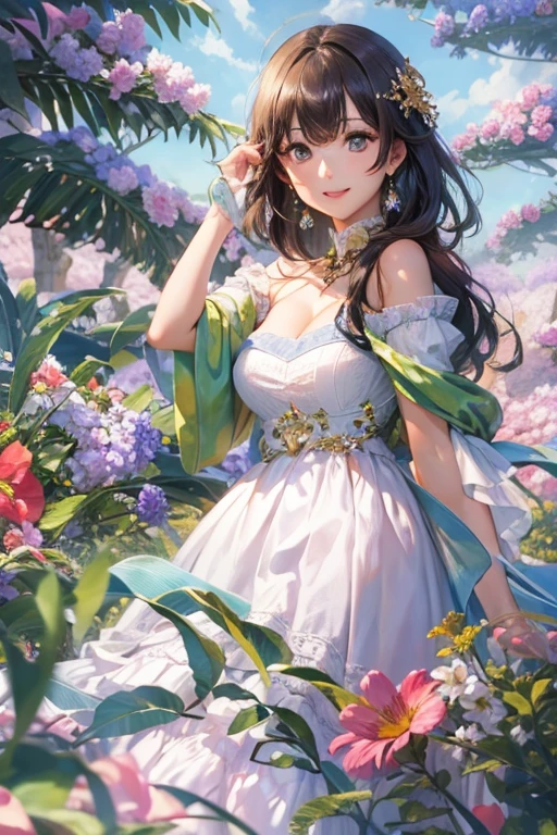 Best Quality, masterpiece, masterpieceUltra-high resolution, (Realistic:1.1), One cute girl, Large Breasts, Beautiful valley, Brown and black hair, Middle Long, The wind blows, Blow up, Colorful half dress, Off the shoulder, Glowing Skin, Look at me and smile, Looking back beauty, garden, Colorful flowers are blooming, blue sky, White Clouds, Dark green tree々, Mysterious World, Fantasy World, Unreal, The mysterious world of crystal art, 