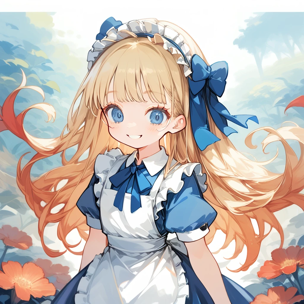 (loli:1.8),(2 old years:1.6)masterpiece, Highest quality, Very detailed, 16K, Ultra-high resolution, Cowboy Shot, Alice in Wonderland, (fauvism:1.4), , Detailed face, smile, blue eyes, blonde, Braiding, Long Hair, Ribbon on head, Blue clothes, Plain white apron,