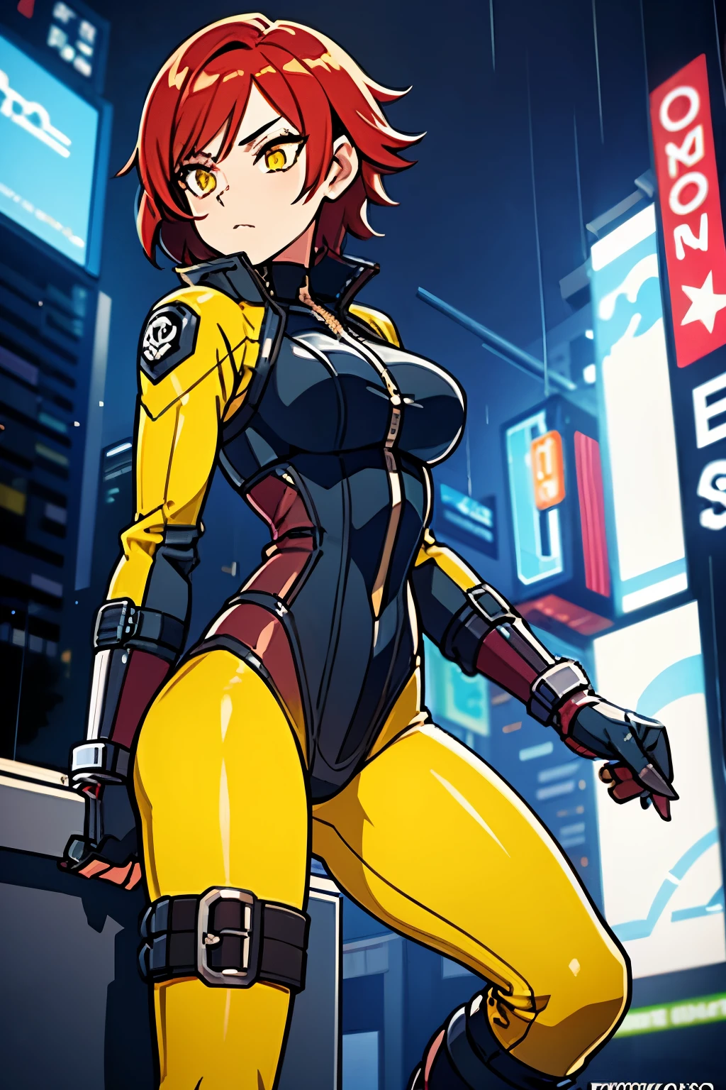 biker girl, motorcycle, Leather one-piece garment, Short hair, yellow glowing eyes, Dark colors, ultra detailed face, long eyelashes, skinny, Cyberpunk, Neon lights, Red hair, long boots, tightsuit, Night, the city street, mitts, rain