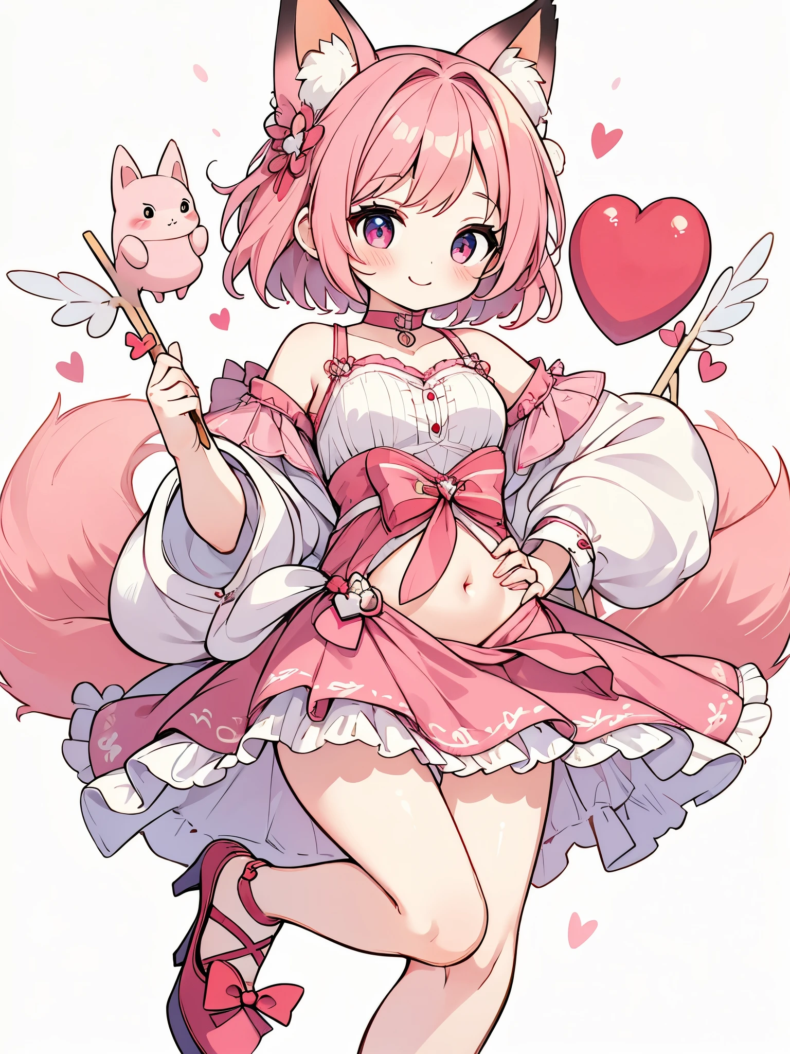 High resolution, masterpiece, Anatomically correct, Best Quality, One girl, smile、Blushing、Short Hair、Large, wide eyes、Pink Hair,Choker、Heart symbol、Simple Background、Shoulders stick out、I can see your belly button、Thighs、mini skirt、High heels、Clothing in red、Fox Cosplay