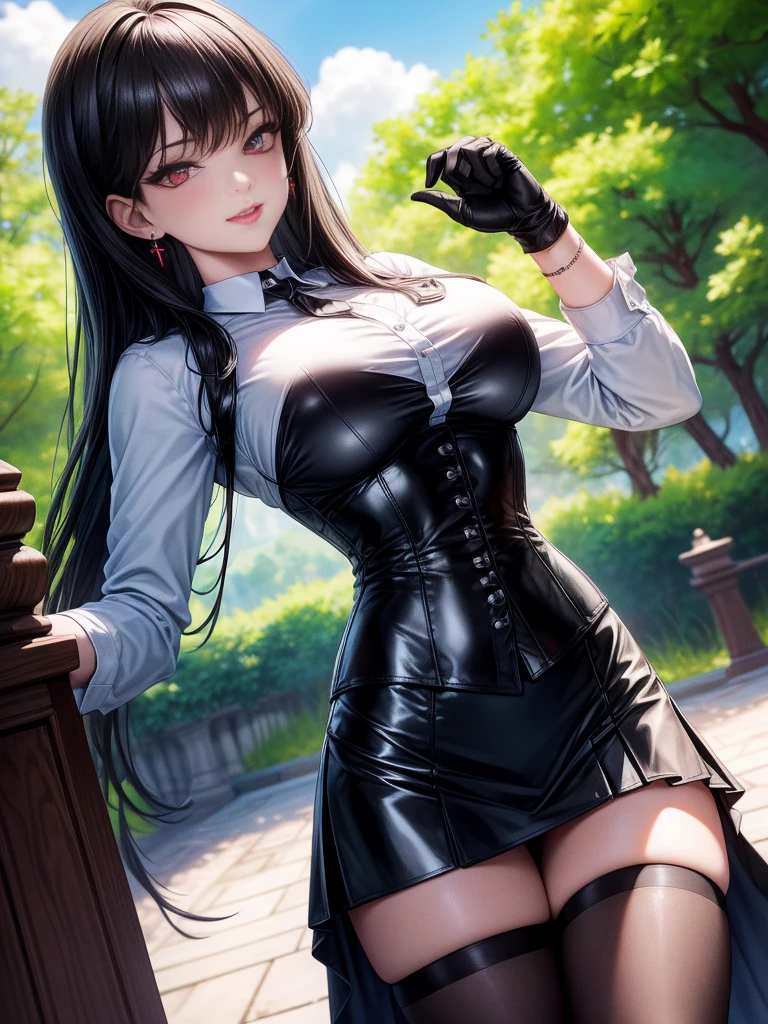 8K, highres, Ultra detailed, (Masterpiece:1.4), The best quality, symmetrical body, standing, pose sexy, front view, choker:1.6, (White collar button-down shirt with white long sleeves), Black gloves, gloves that cover the hands, (black leather corset),  (short black skirt:1.4), (brown stockings), Alone, Earrings, long hair, black hair, perfect eyes,  red eyes, Shine effect, detailed eyes, draw slight smile, detailed face, looking at the viewer smiling at the viewer, in the park, angled view, big breasts, seductive look