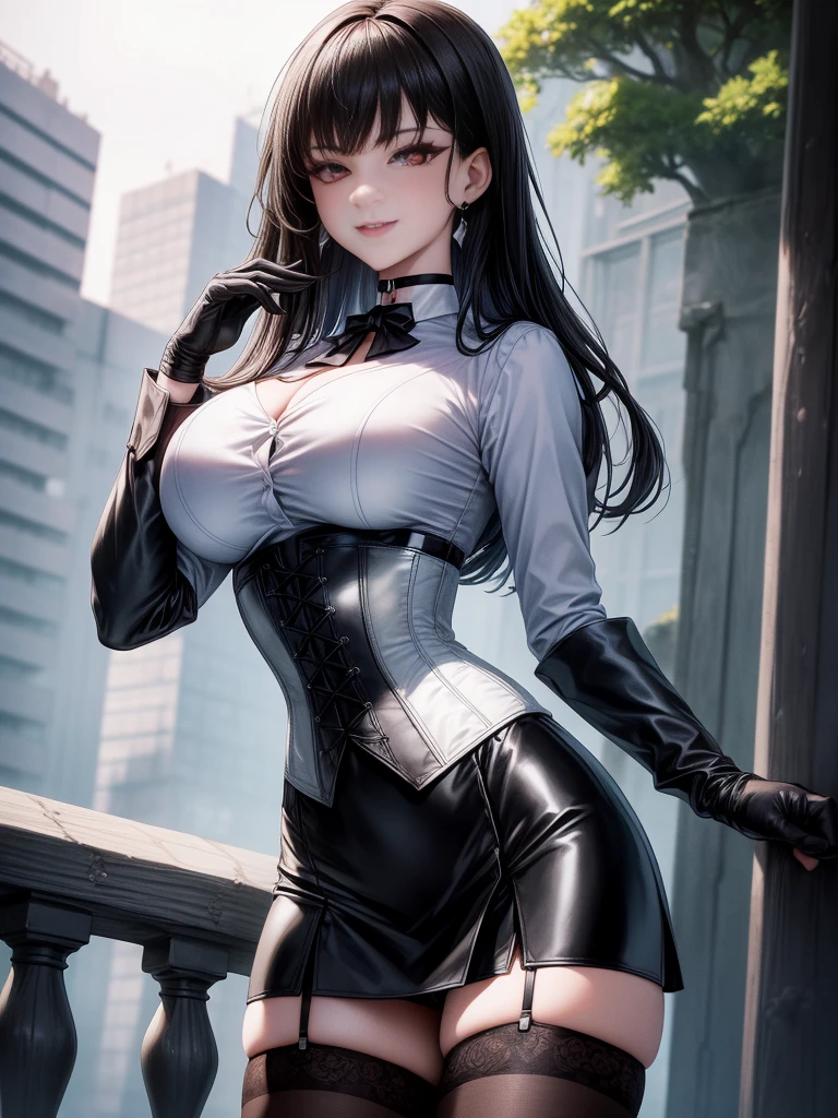 8K, highres, Ultra detailed, (Masterpiece:1.4), The best quality, symmetrical body, standing, pose sexy, front view, choker:1.6, (White collar button-down shirt with white long sleeves), Black gloves, gloves that cover the hands, (black leather corset),  (short black skirt:1.4), (brown stockings), Alone, Earrings, long hair, black hair, perfect eyes,  red eyes, Shine effect, detailed eyes, draw slight smile, detailed face, looking at the viewer smiling at the viewer, in the park, angled view, big breasts, seductive look