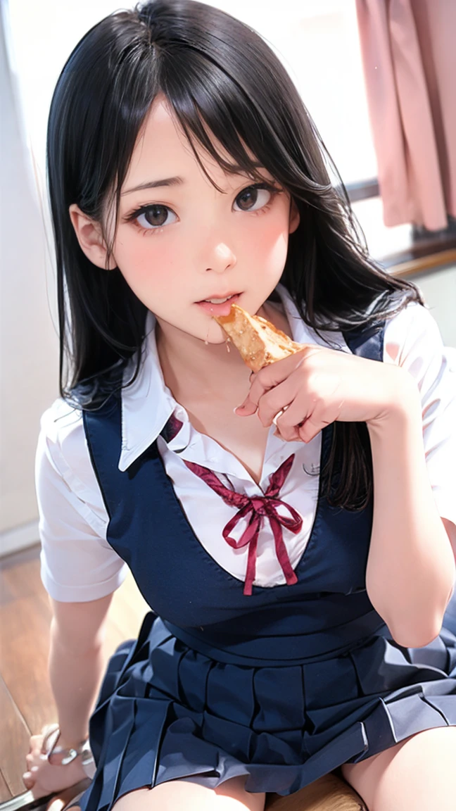 masterpiece, best quality, intricate details, extremely detailed, cinematic lighting, solo, 1girl, a  Japanese schoolgirl,  (oral, blowjob, deepthroat, eating a huge sausage in hand, shovel a big sausage into mouth, fully open mouth:1.4), (large breasts, ), dark hair, twintail hair, cute face, extremely detailed face, beautiful detailed eyes, sophisticated nose, pale skin, fine-textured skin, sweaty, shiny skin, photo background, at bed, school uniform, school uniform, japan, hard nipple, nipple slip, jav, deep throat, handjob, cowgirl