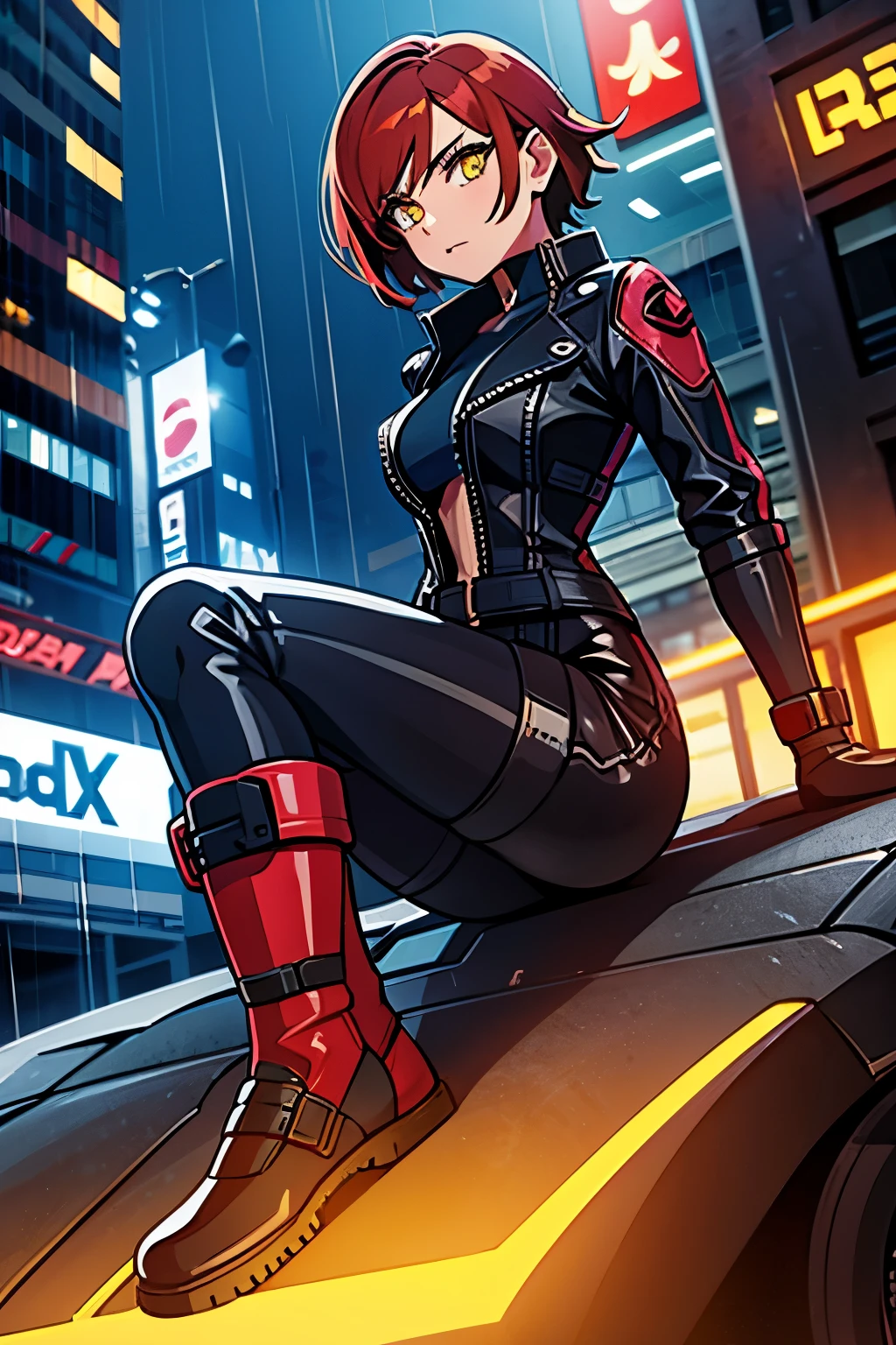 biker girl, motorcycle, Leather one-piece garment, Short hair, yellow glowing eyes, Dark colors, ultra detailed face, long eyelashes, skinny, Cyberpunk, Neon lights, Red hair, long boots, tightsuit, Night, the city street, mitts, rain