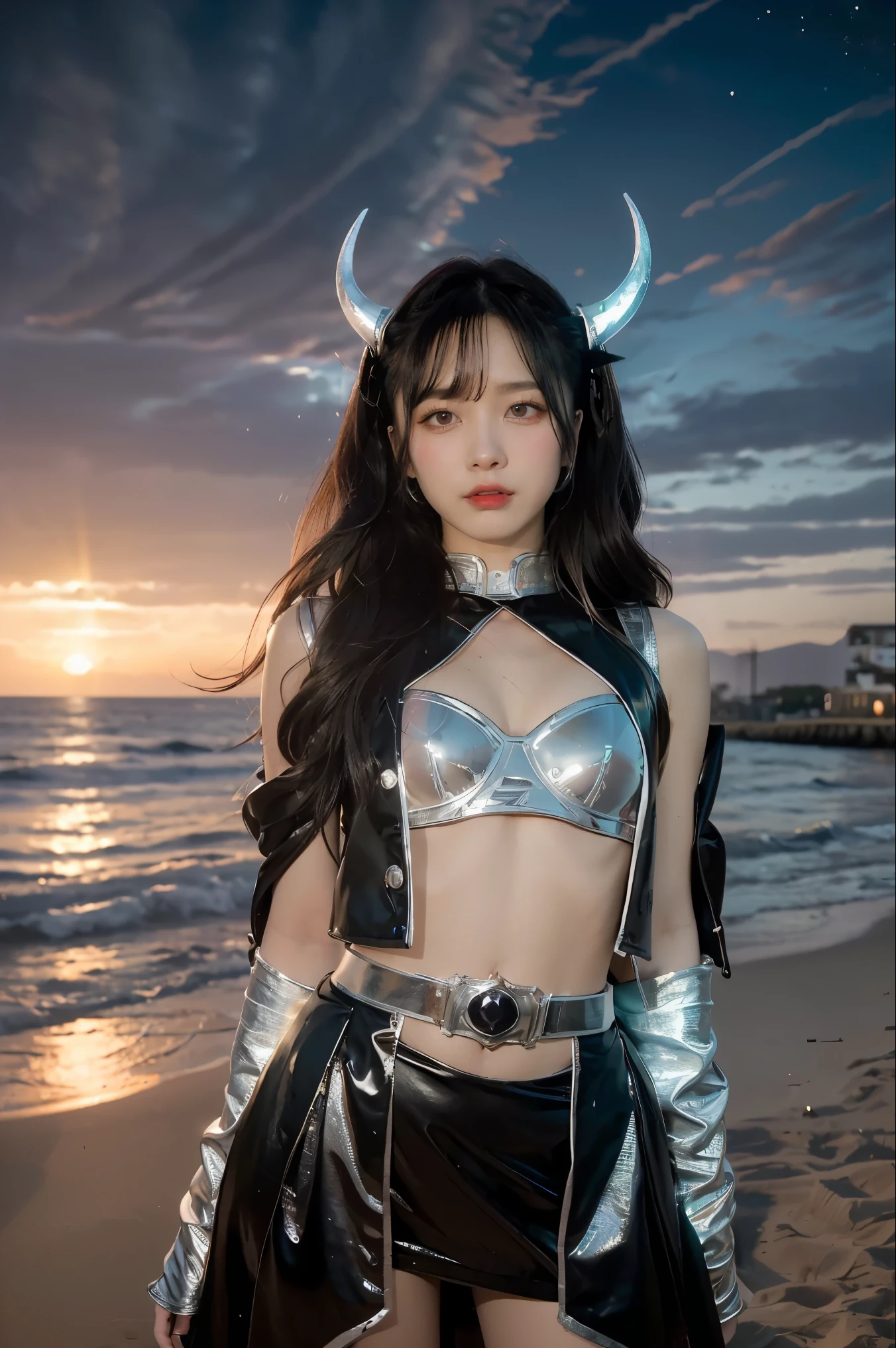 ((masterpiece, best quality, extremely detailed), volumetric lighting, ambient occlusion, colorful, glowing), 1girl, solo, young girl, (dark hair), long hair, horns, aura, devilish, goddess, cleric suit, (black outfit with silver detailst:1.3), devil wings, outdoors, sunset, sky, clouds, space, (super sentai theme:1.2),