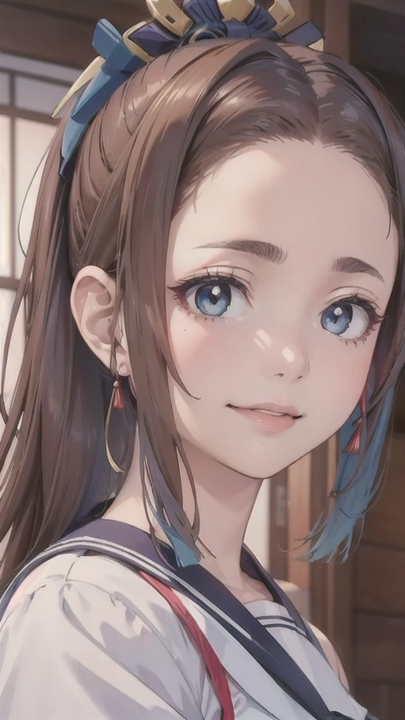 (girl has a lovely school uniform), (School uniform looks cute but revealing), eyes are looking up to man's face, pleading eyes, embarrassed and confused with blush on her face, school uniform is tight and enticing, cute smile, hands of a man hold girl's head, girl head is holded  by men hands,