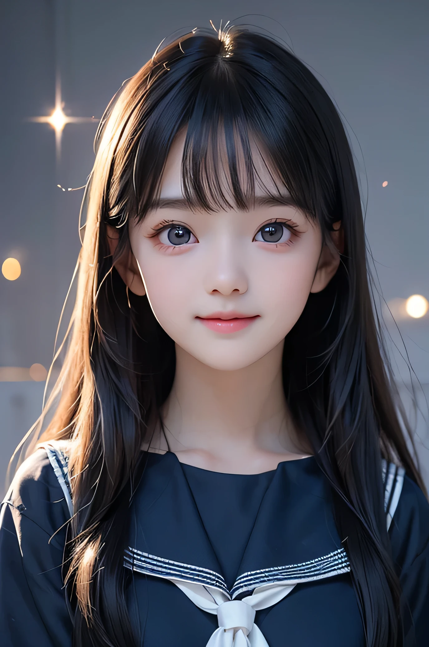 (Very beautiful  cute girl), (very  cute face:1.2),9 yo, (baby face),(sparking crystal clear attractive large eyes:1.2), Beautiful detailed eyes, Detailed double eyelids, (smiling), (realistic photograph:1.1), long straight hair,(dark blue sailor high-school uniform:1.1),professional portrait ,long see-through bangs