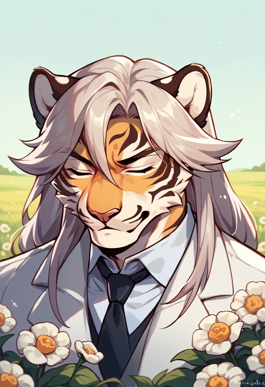 A juvenile tiger, Hairstyle (Long hair), in white suit, with eyes closed, while holding a daffodil, on the face in the middle of a field of flowers behind, bottom, necessary. 