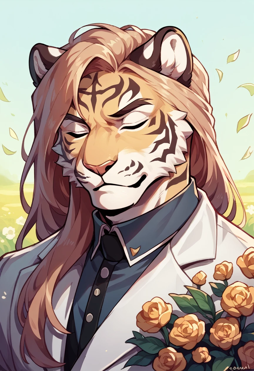 A juvenile tiger, Hairstyle (Long hair), in white suit, with eyes closed, while holding a daffodil, on the face in the middle of a field of flowers behind, bottom, necessary. 