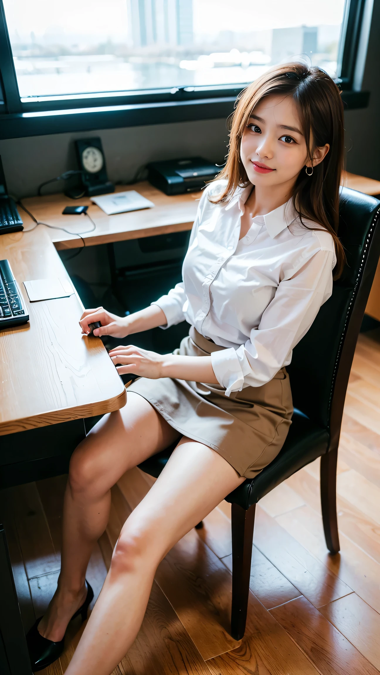 upskirt office lady, sitting on desk, compute screen as background